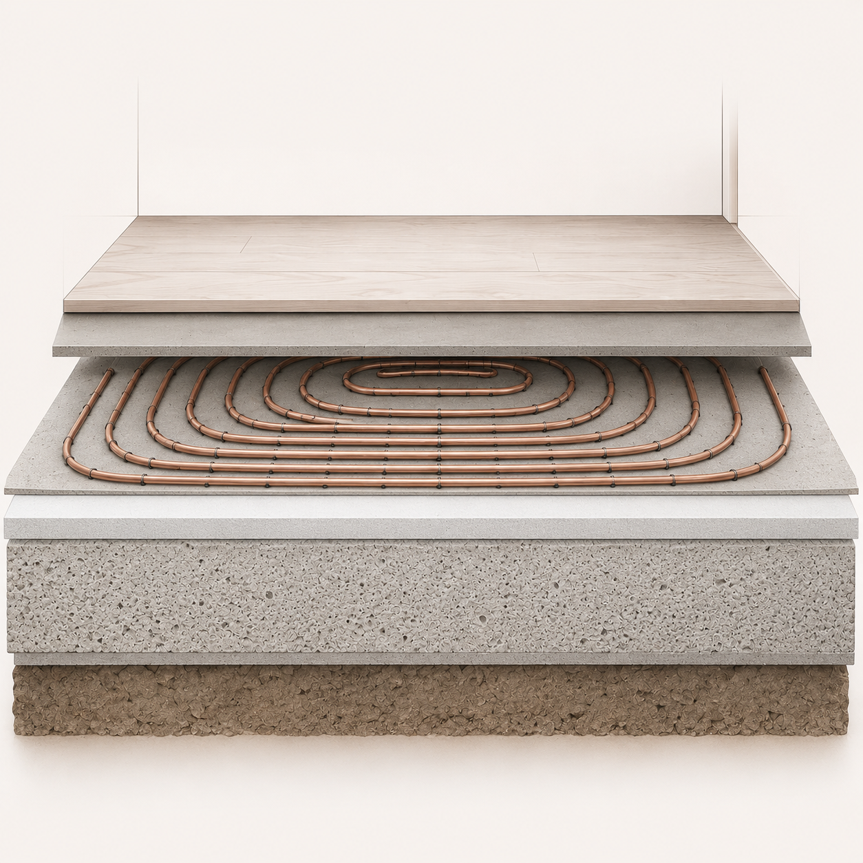 Doorsnede van een gelaagde renovatievloer met schuimbeton, isolatie, vloerverwarming en anhydriet